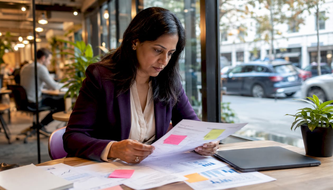 Compliance officer reviewing cost reports at desk