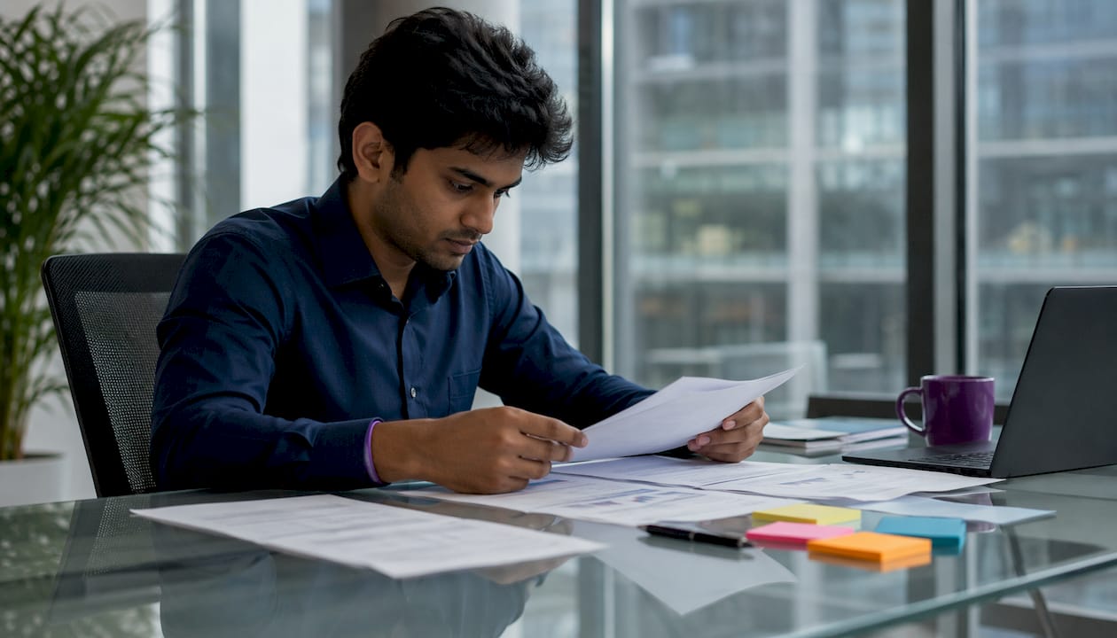 Analyst organizing compliance cost spreadsheets