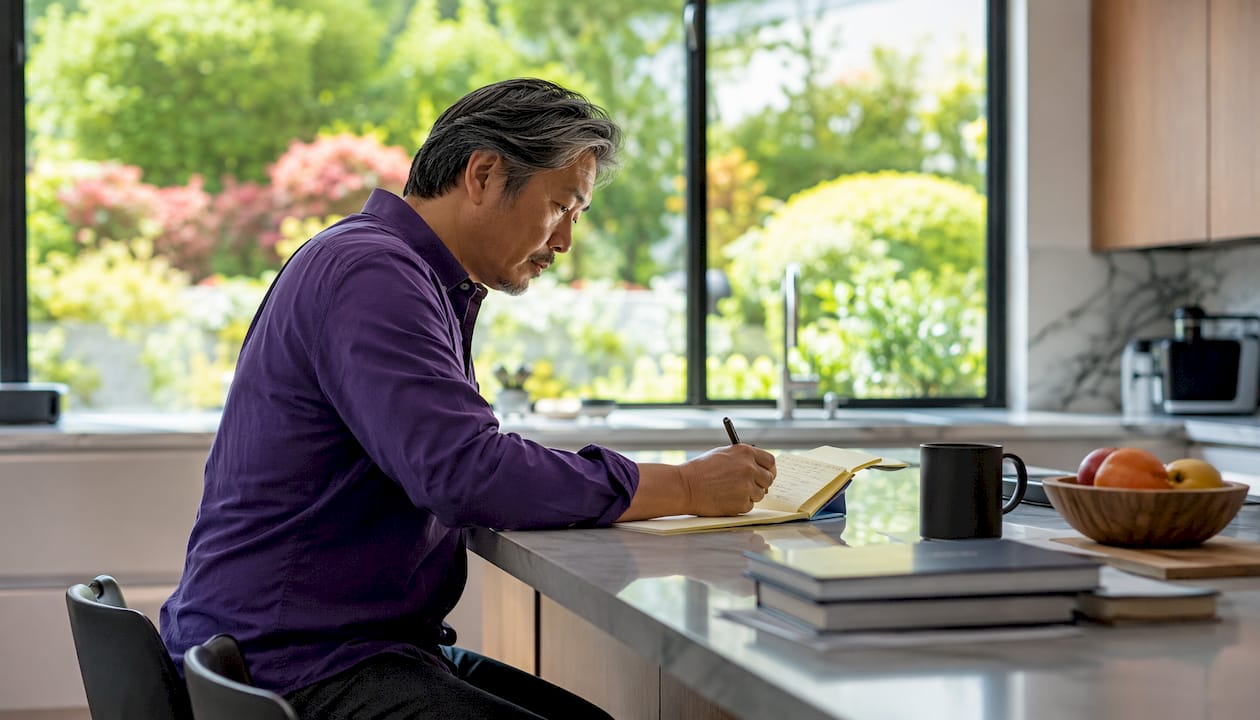 Man reviewing cybersecurity framework notes at home office