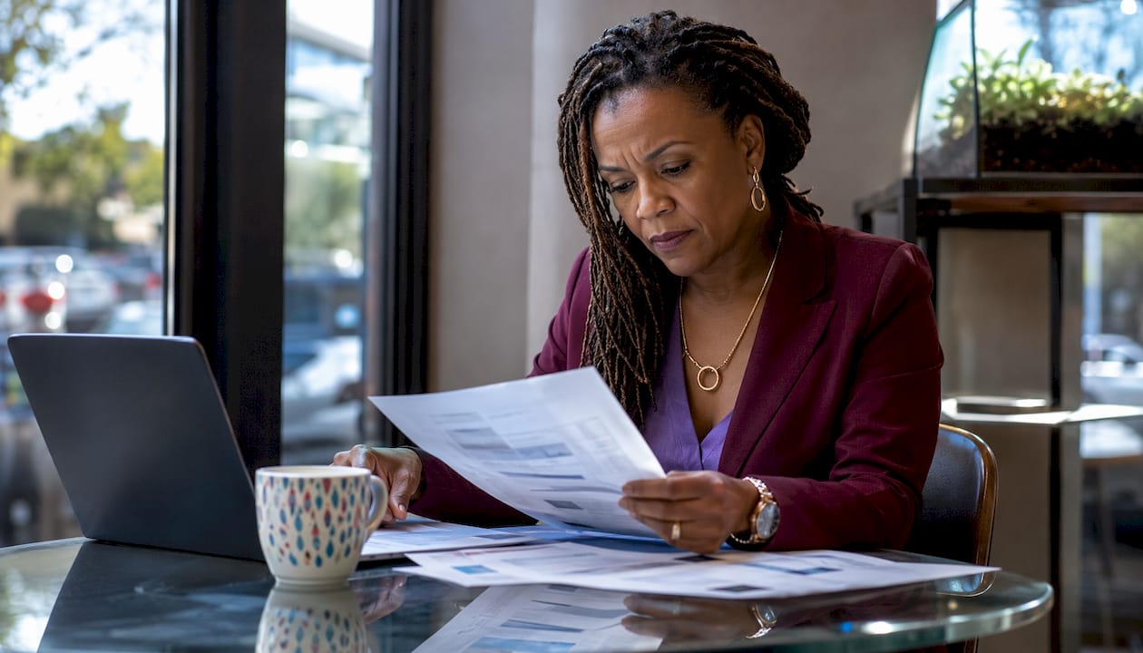 Professional woman reviewing financial compliance documents