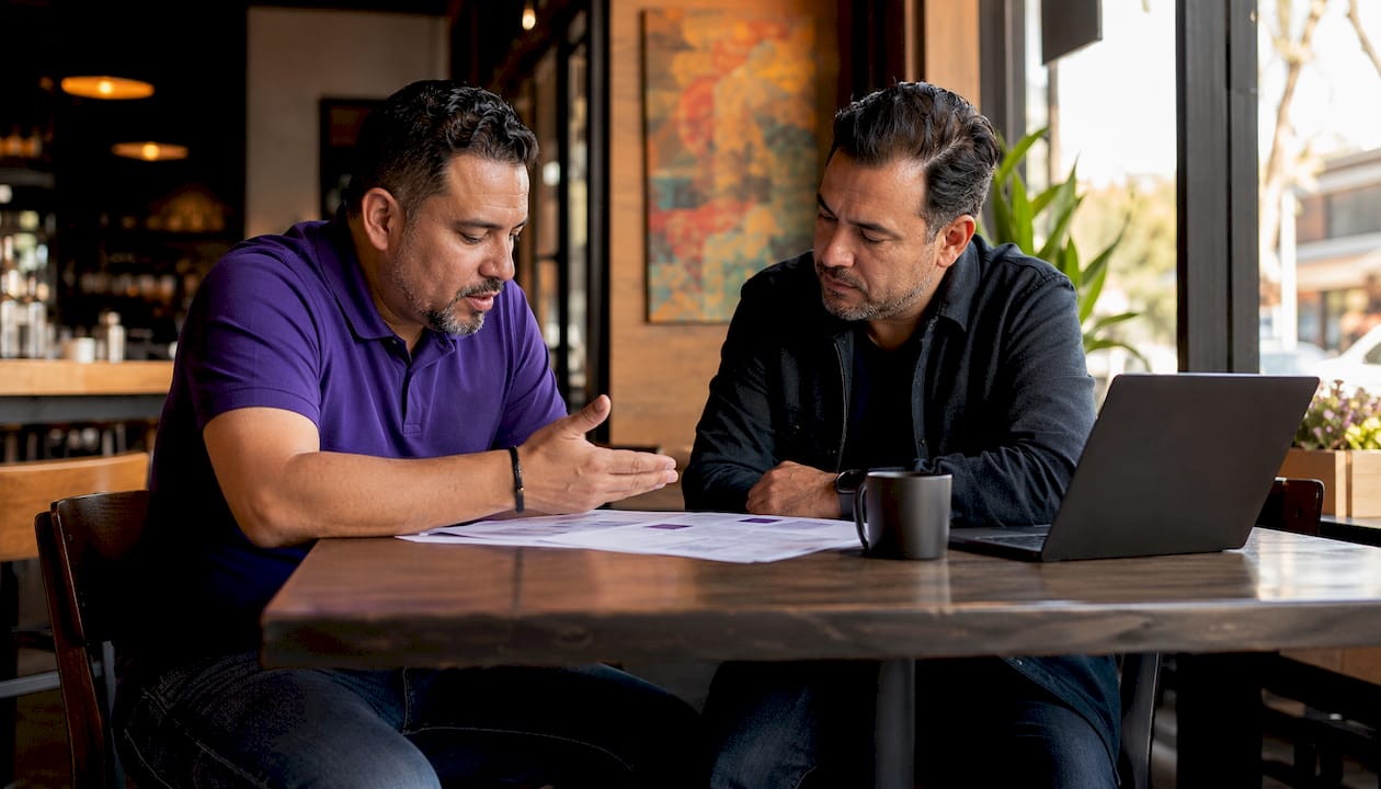 Two men discussing compliance scope challenges