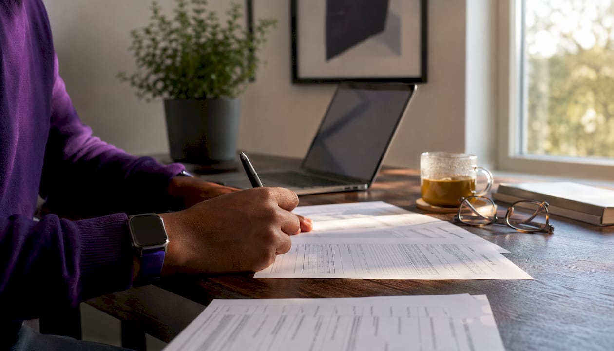 Hands taking notes on compliance risk documents