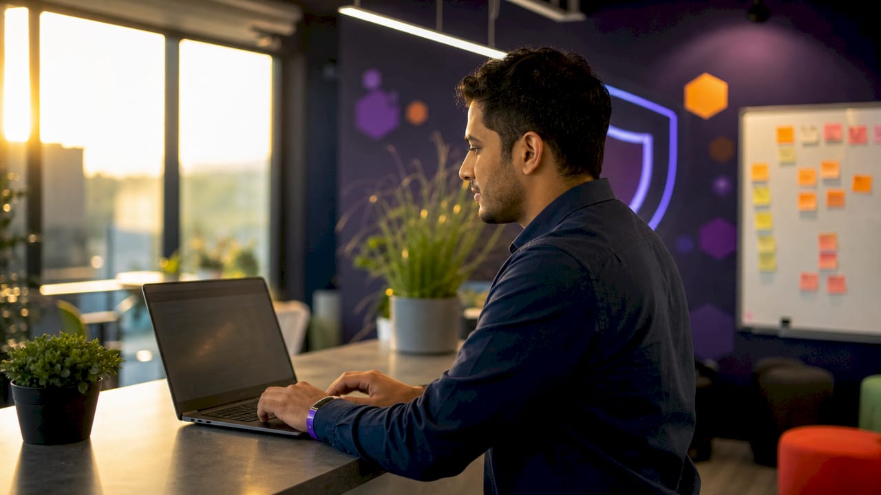 Hands typing on laptop for asset discovery