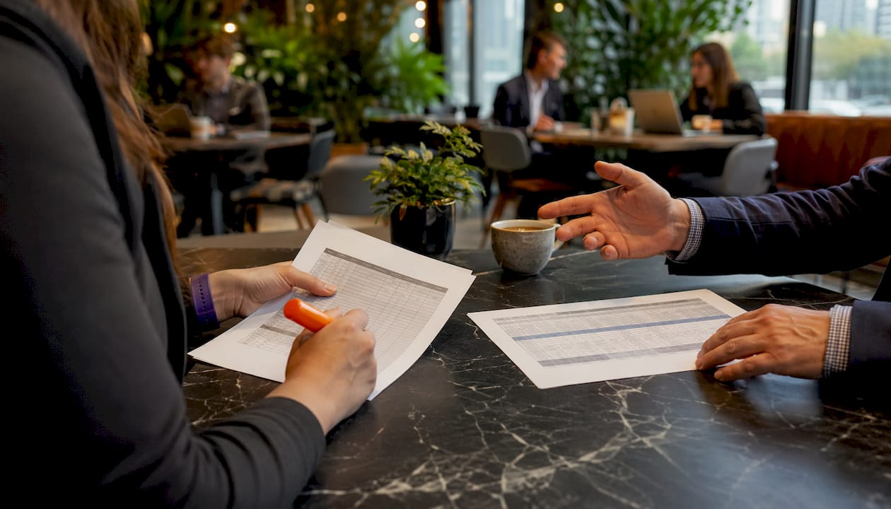 Close-up of hands discussing ISO 27001 staff time sheets