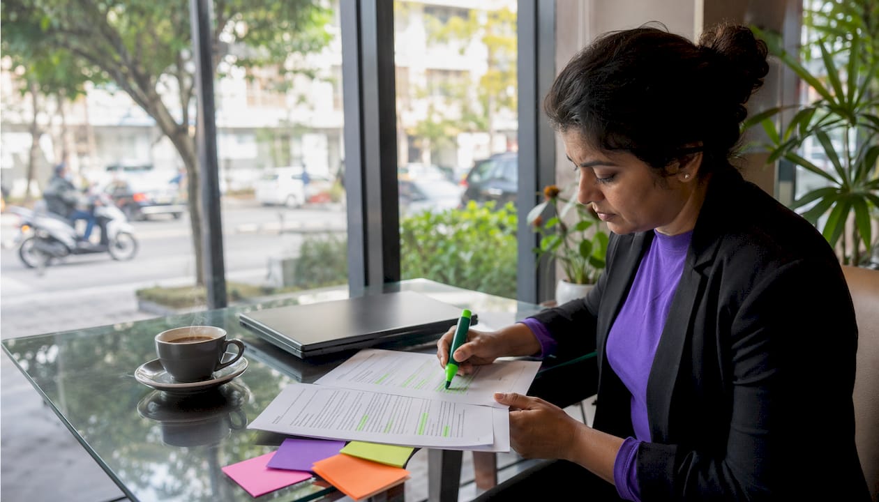 Professional woman reviewing ISO 27001 budget paperwork