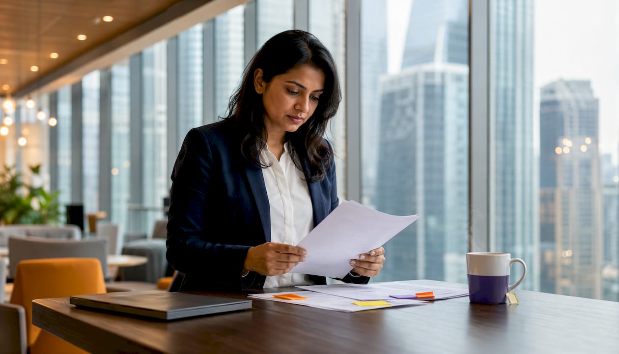 Woman reviewing ISO 27001 compliance document