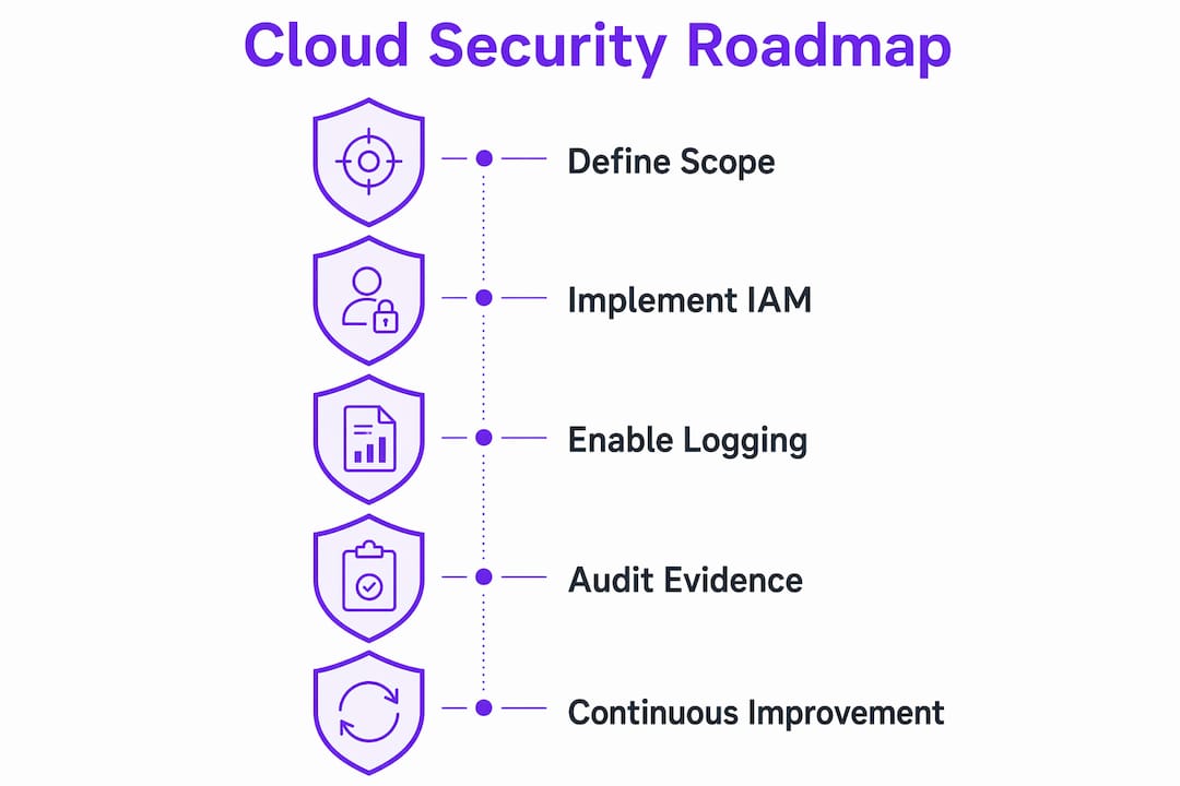 Infographic illustrating a cloud security roadmap in five steps