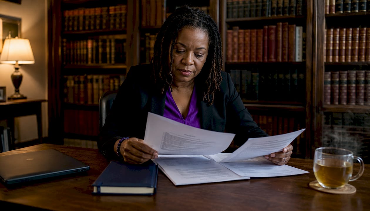 Compliance officer reviewing breach response documents in office