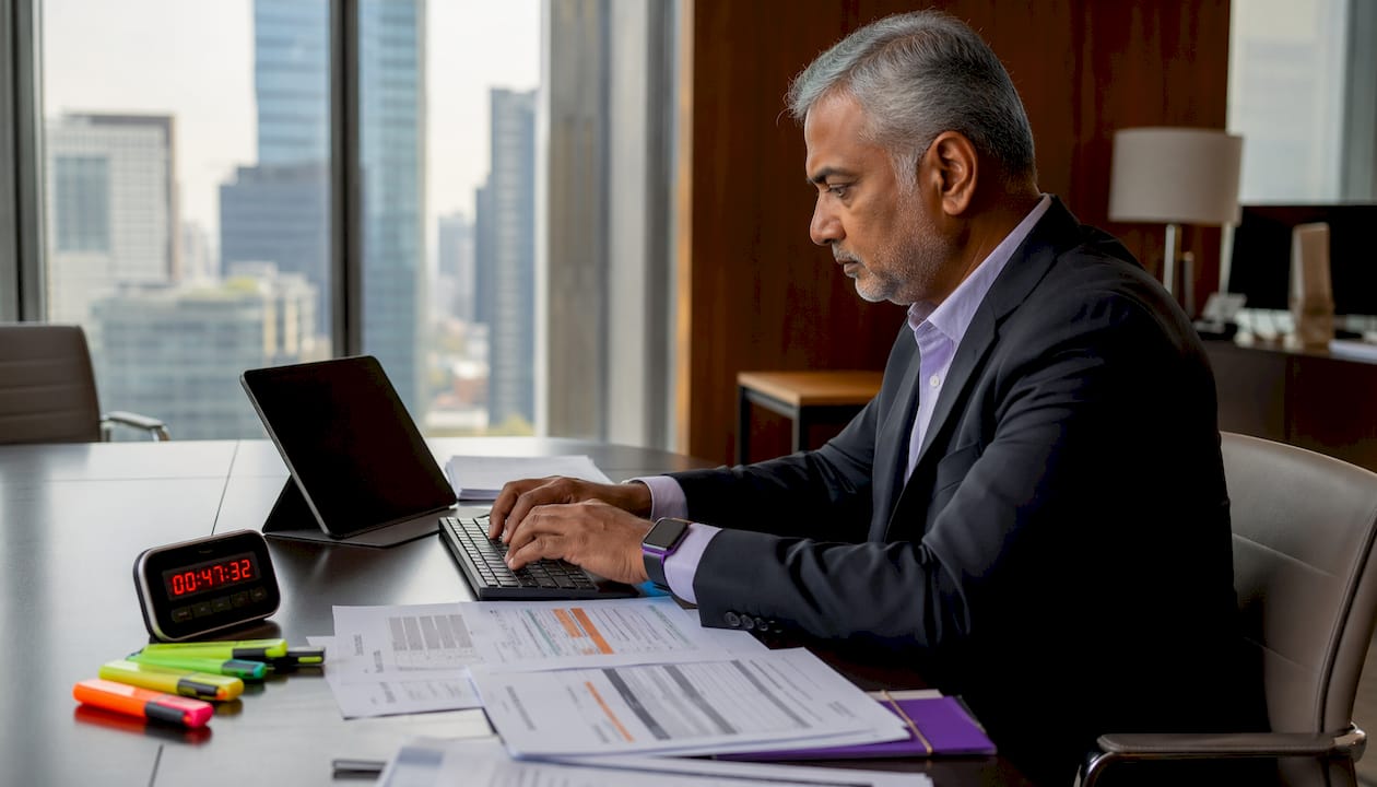 Hands typing breach response on conference table