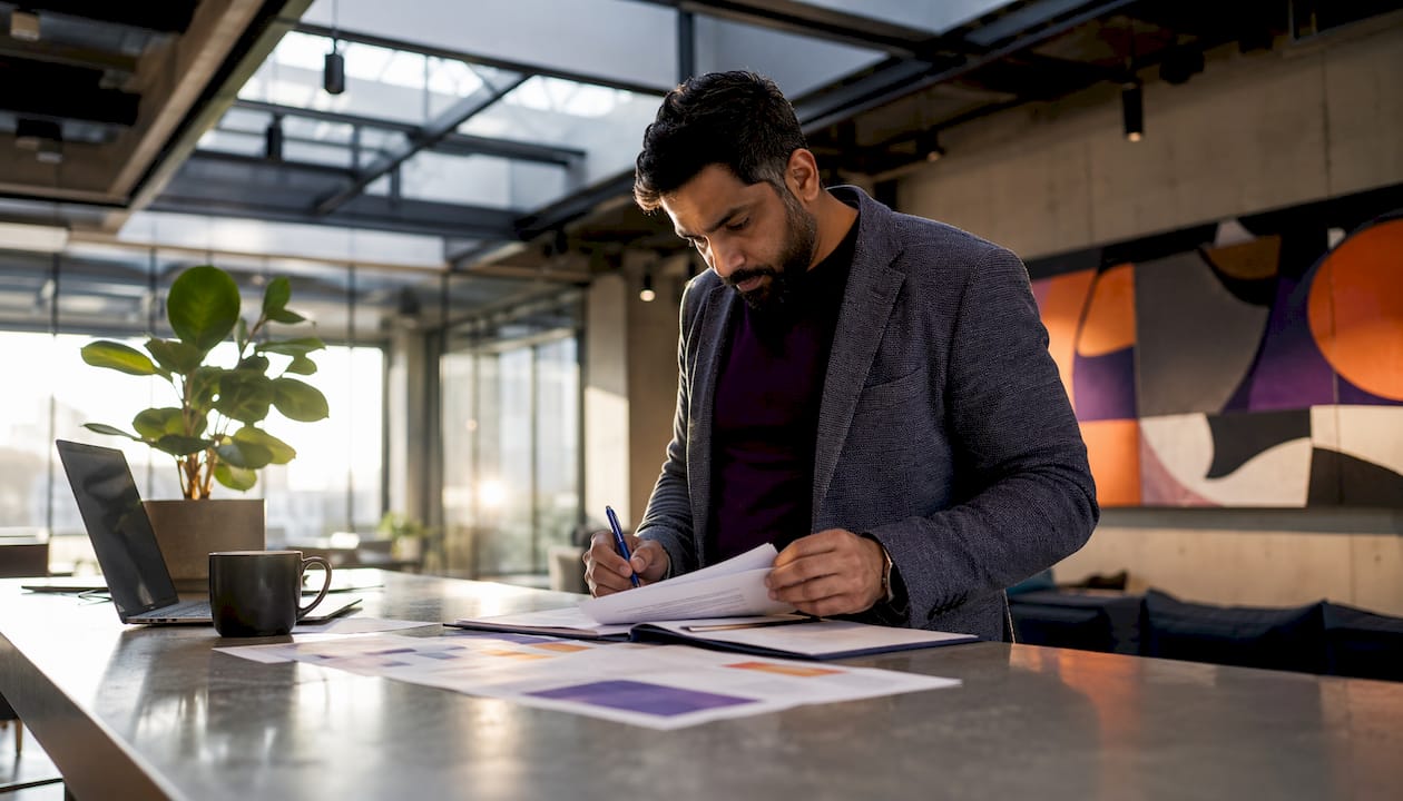 Man reviewing ISO 27001 documentation at conference table.