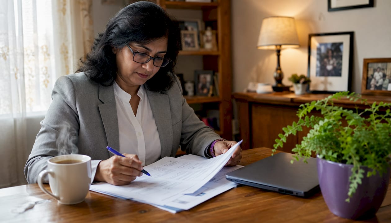 Woman reviewing ISO 27001 audit documents at desk