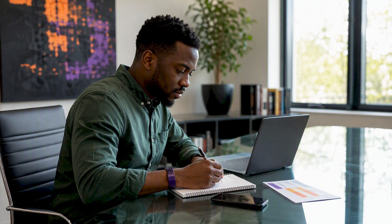 Man taking notes reviewing certification body options in home office