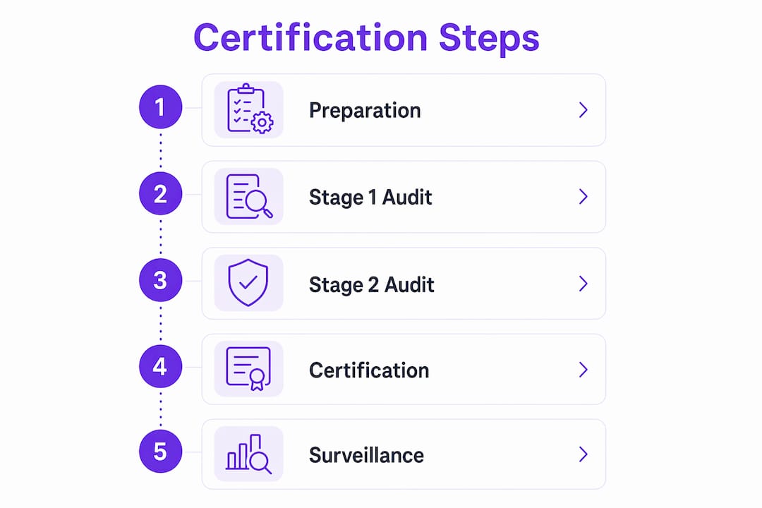 Infographic illustrating ISO 27001 certification steps