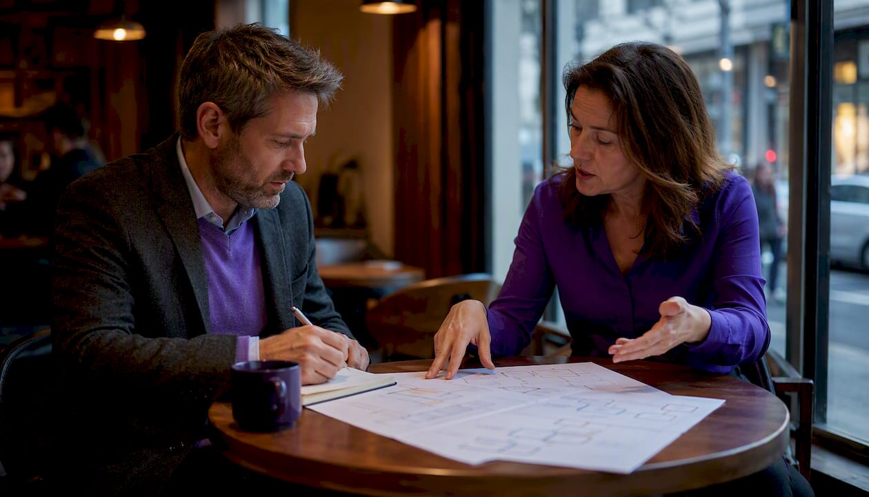 Two professionals discussing security procedural charts