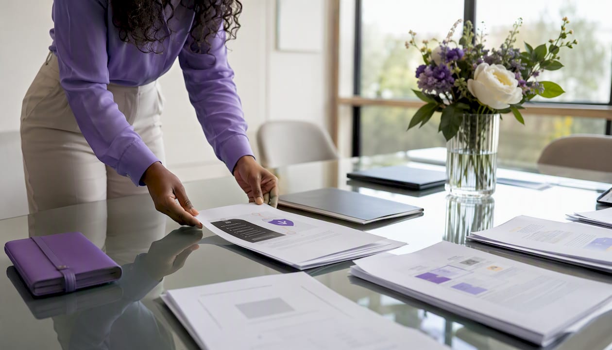 Hands placing ISMS policy template on desk