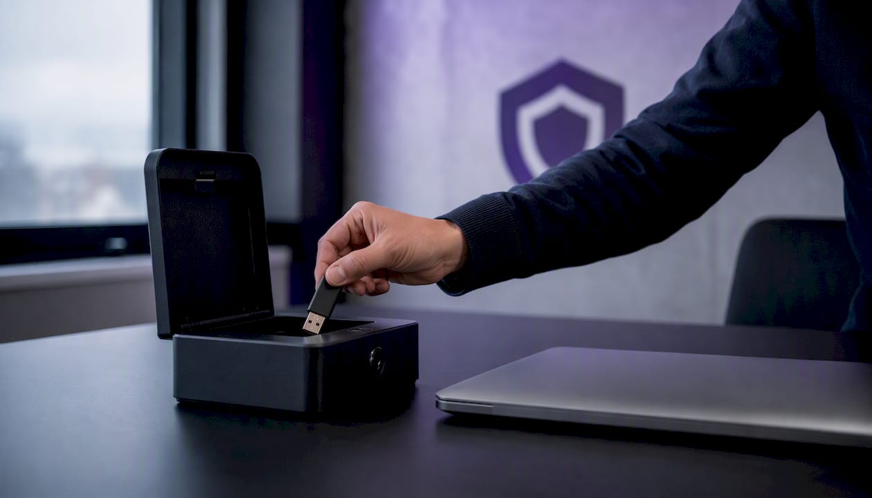 Hand placing security key into storage box