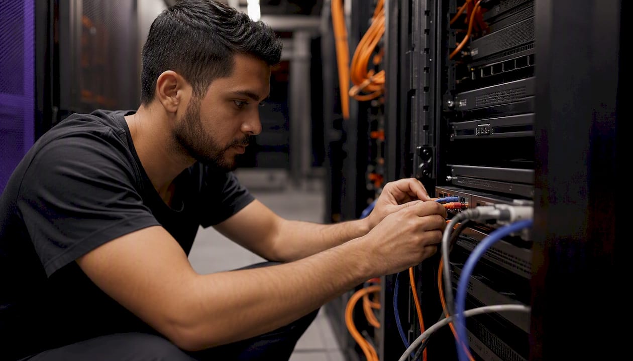 Technician connecting cables on security device