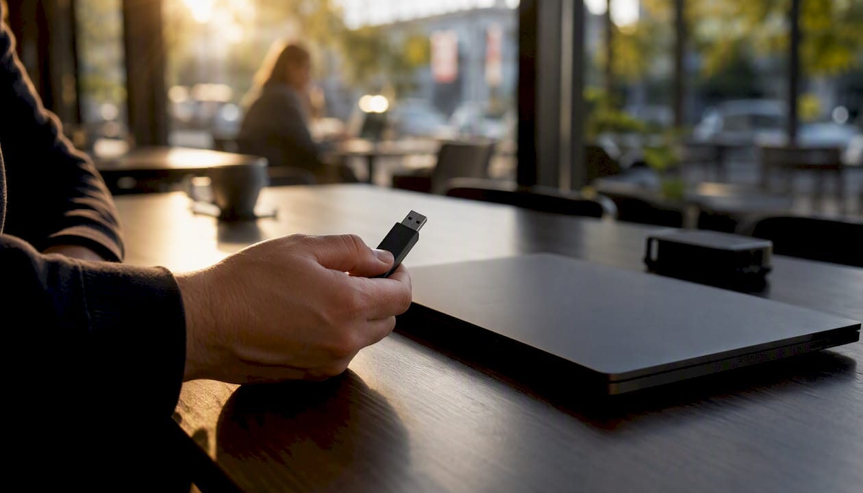 Hand holding USB security token on dark desk