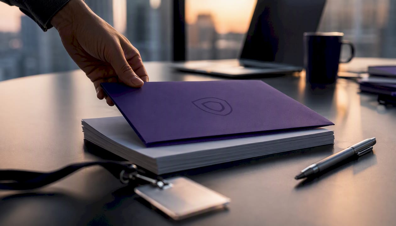 Hand placing security training folder on table