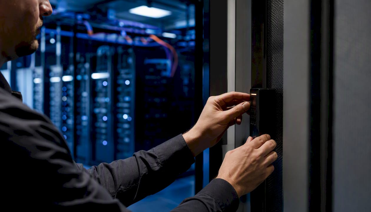 Hands adjusting access control panel in data center