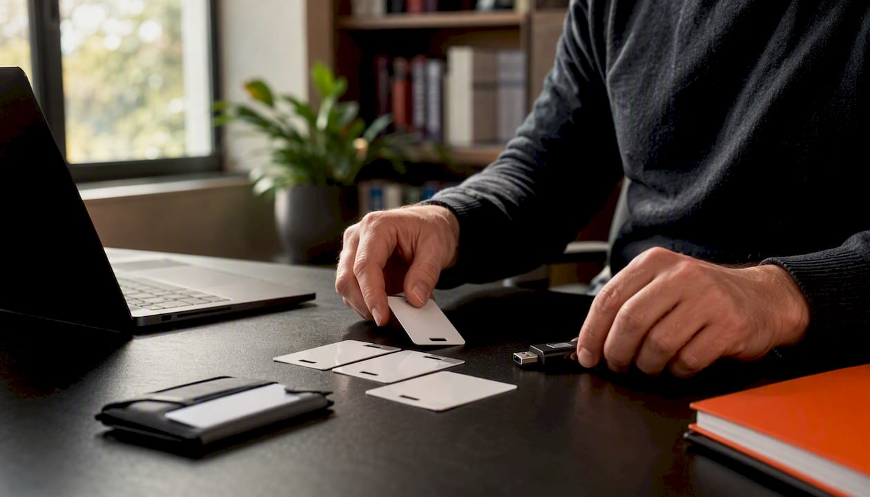 Hands arranging security tokens and checklist