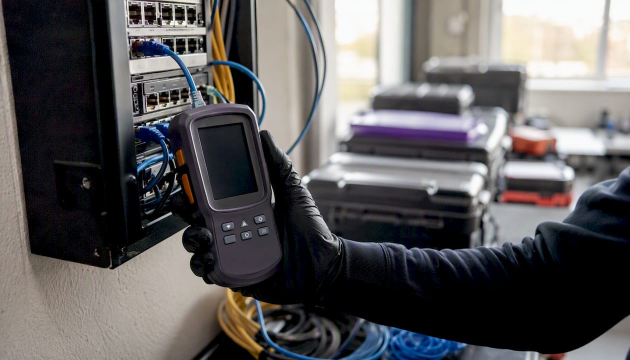 Hand holding network cable tester in lab