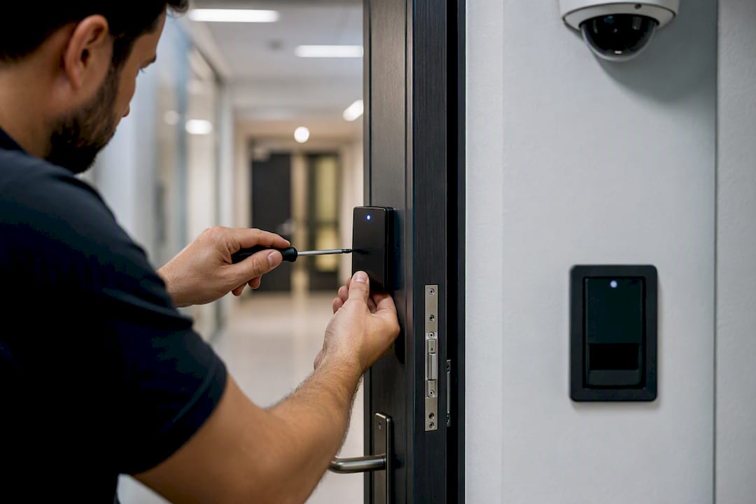 Hands installing security badge reader on door