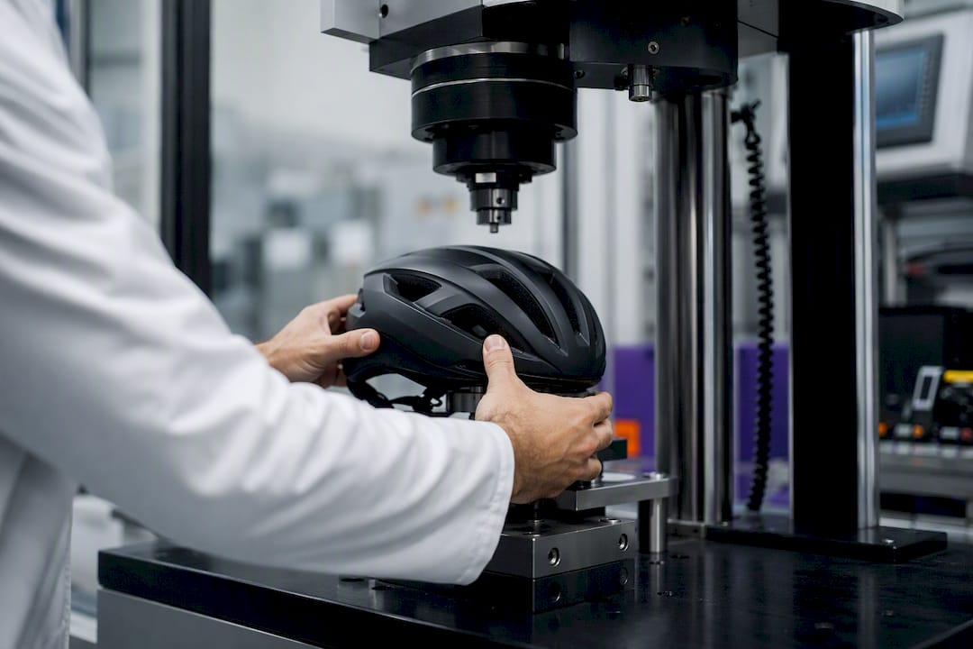 Hands placing bike helmet on impact test rig