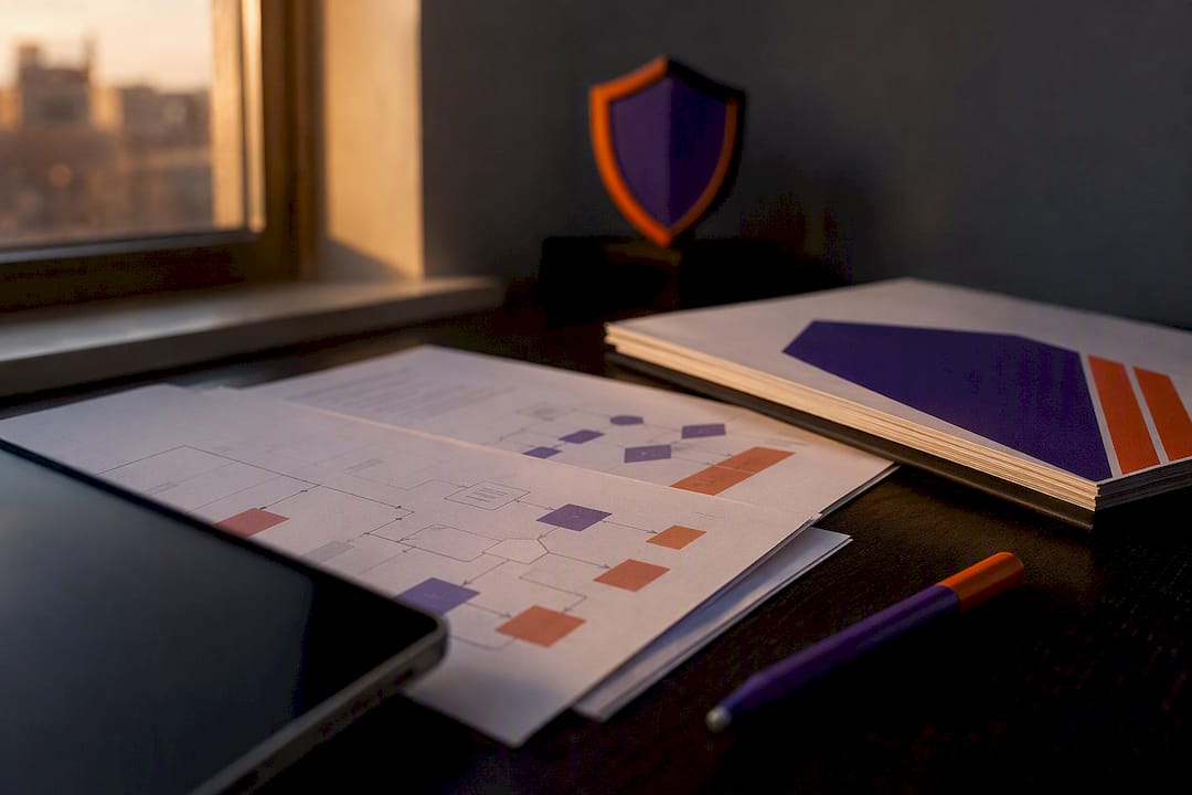 BCMS documents and tech accessories on desk