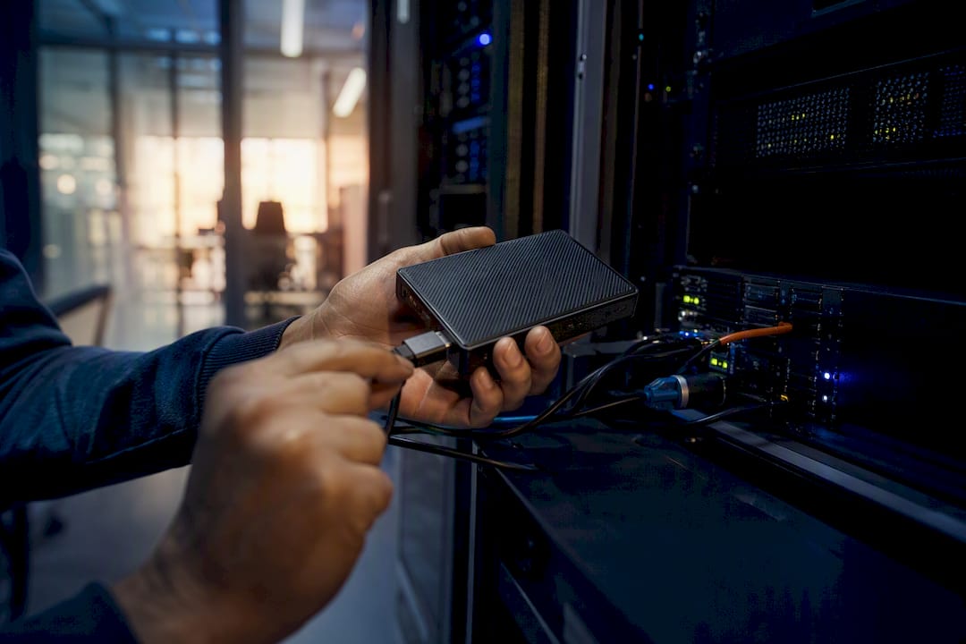 Hands testing backup recovery device in server room