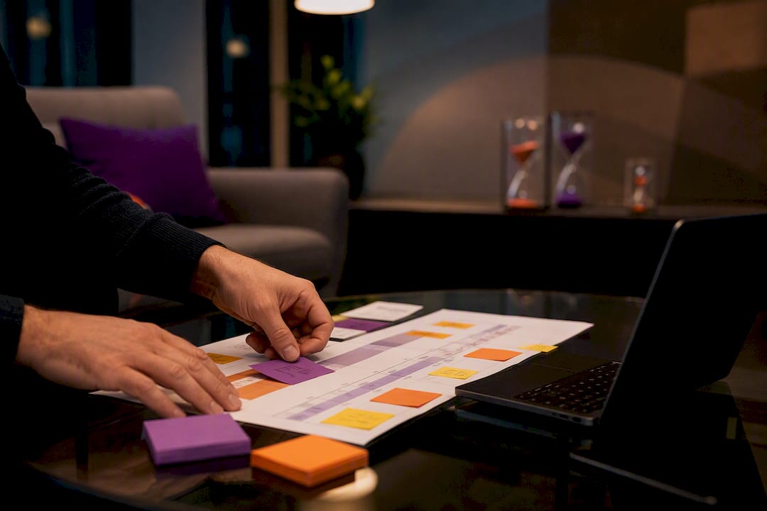Hands adjusting ISO 27001 project plan charts