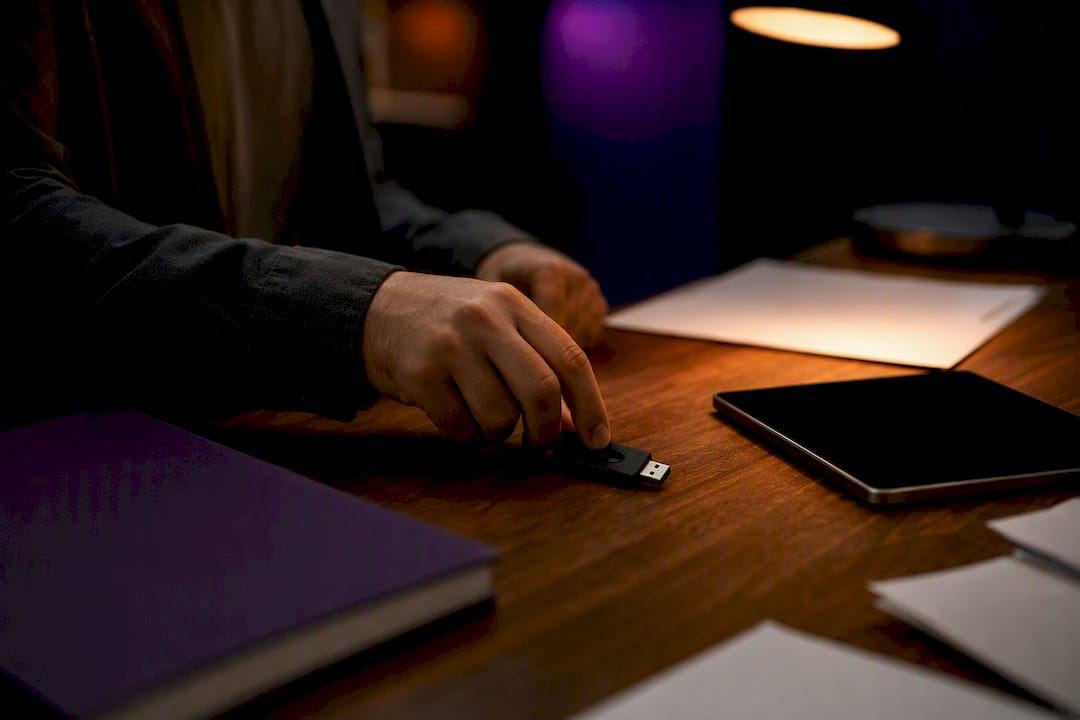 Hands placing security key on desk
