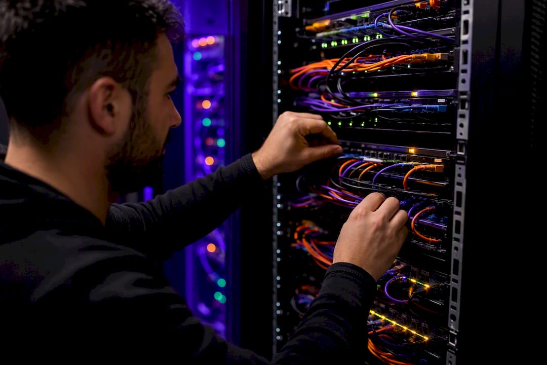 Hands adjusting network hardware cables