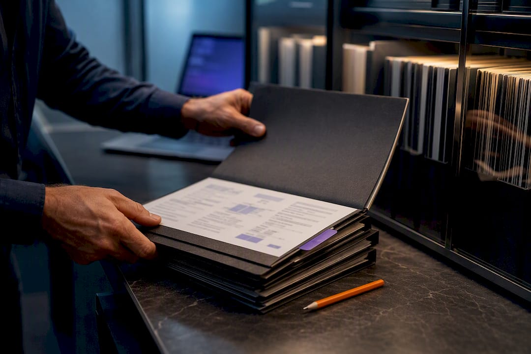 Audit-ready project report folders arranged for review