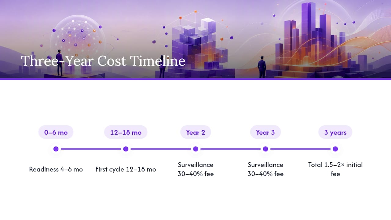Three-year ISO 27001 budget timeline and bands