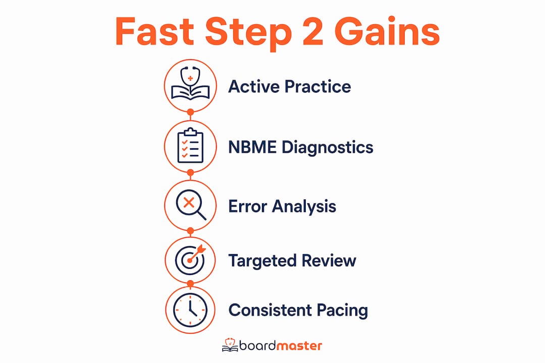 Infographic illustrating steps for fast Step 2 score gains