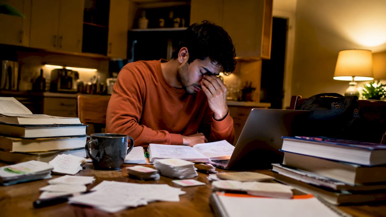 Tired med student cramming late at library table