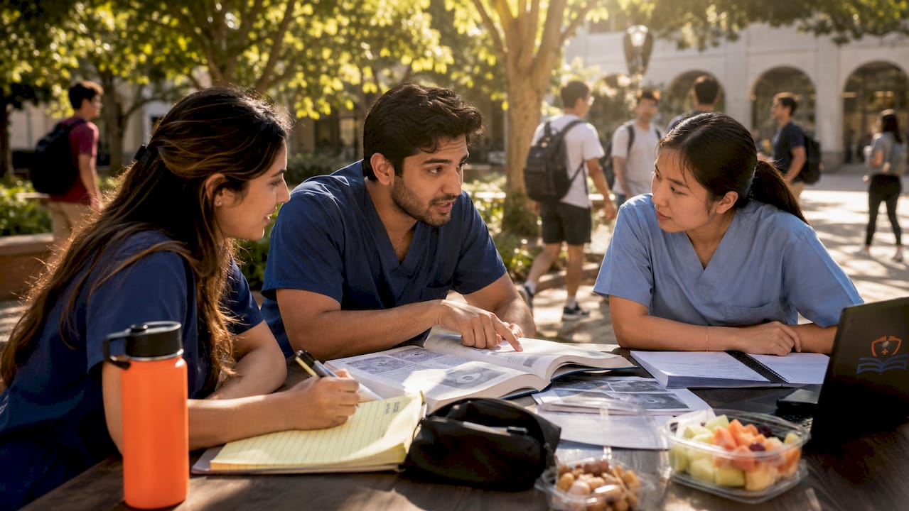 Medical students collaborating on integrated science content