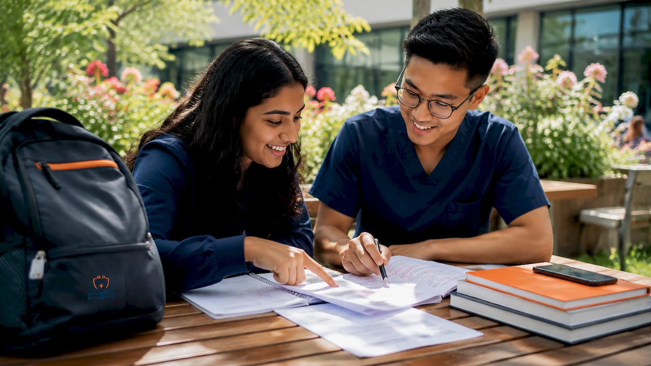 Group of students studying question banks collaboratively