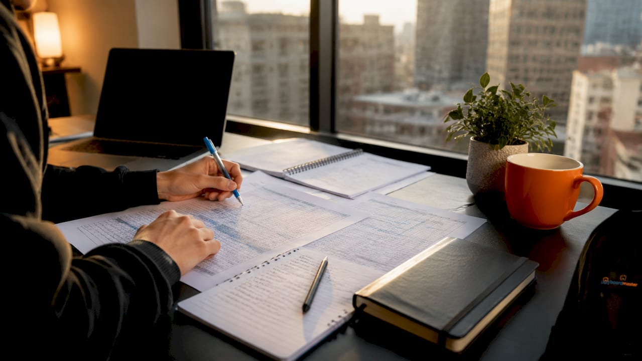 Hands reviewing score calculation documents