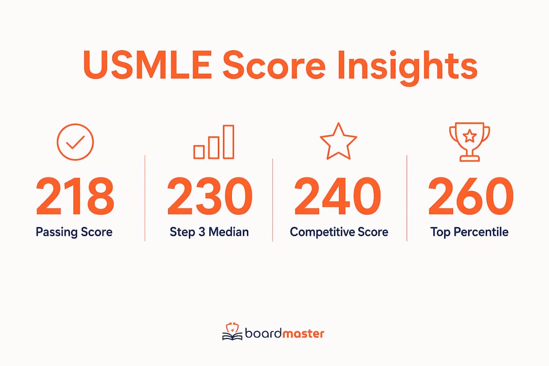 Infographic illustrating USMLE score benchmarks