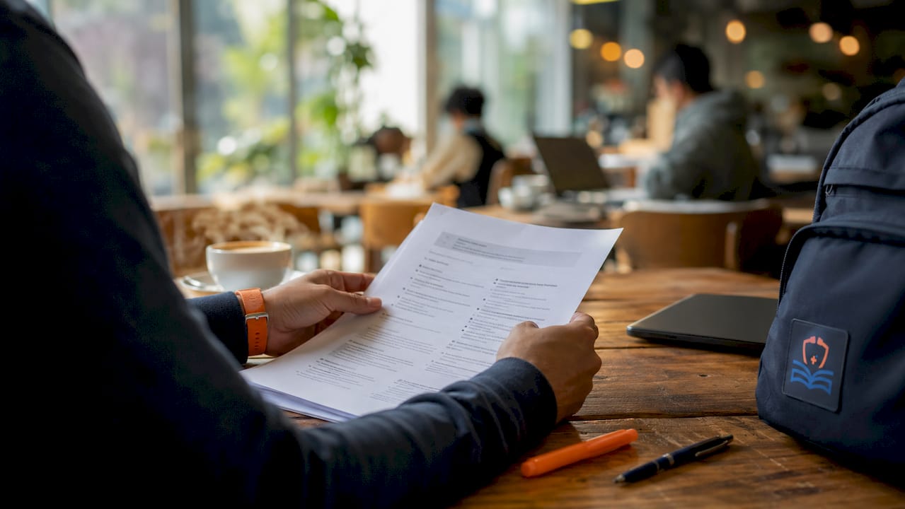 Hands reviewing official USMLE content outline