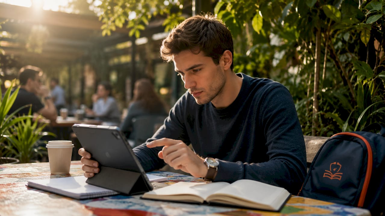 Close-up of student hands with tablet and books