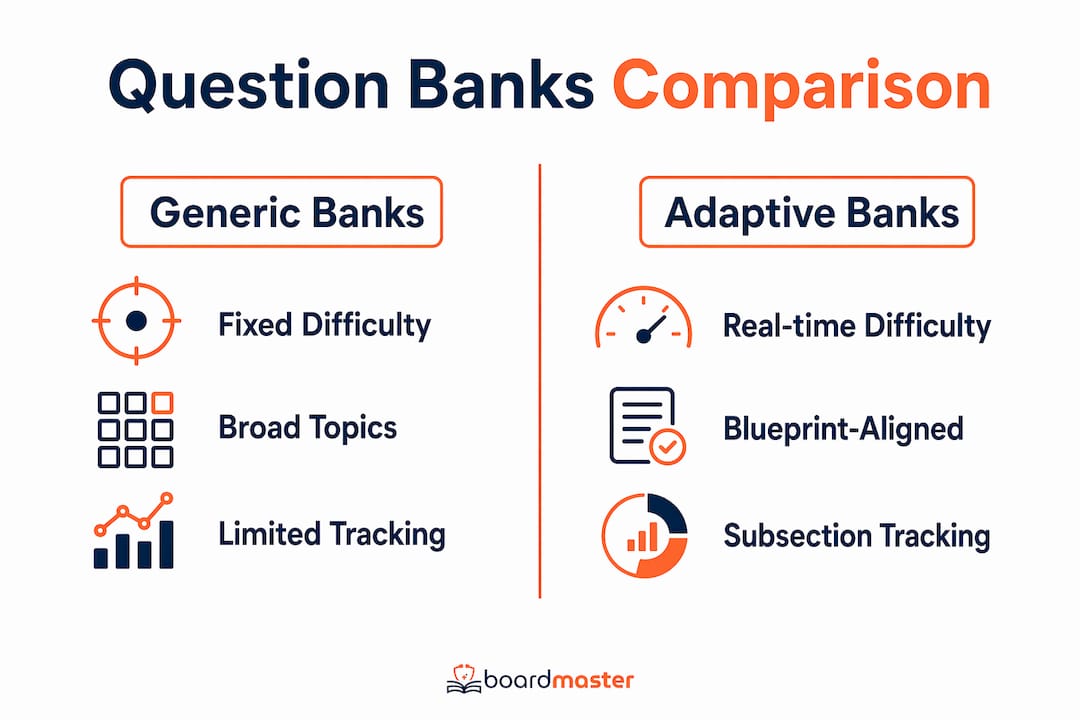 Infographic comparing adaptive and generic medical question banks