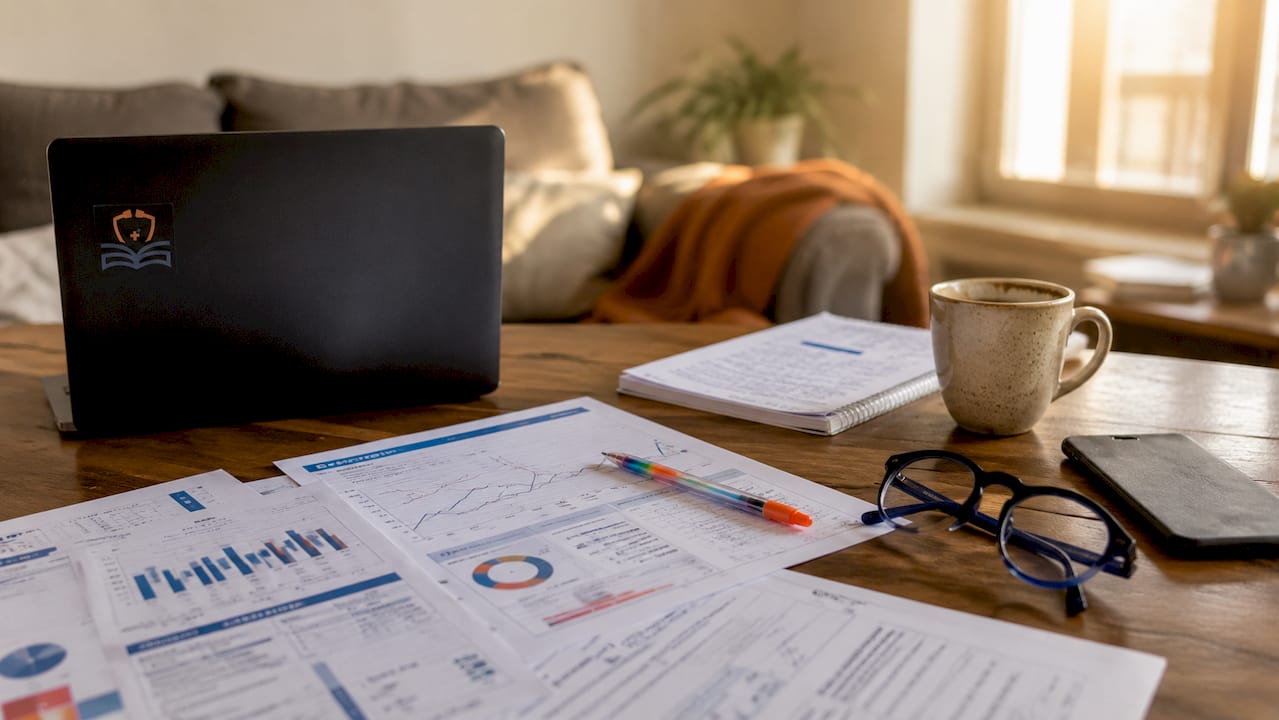 Desk with printed USMLE metric reports