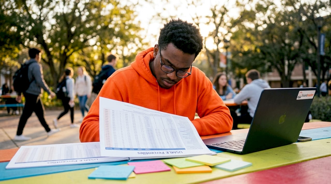 Student studying USMLE percentile chart at library desk