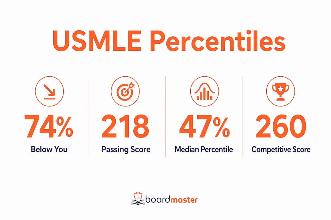 Infographic showing USMLE percentiles and score benchmarks