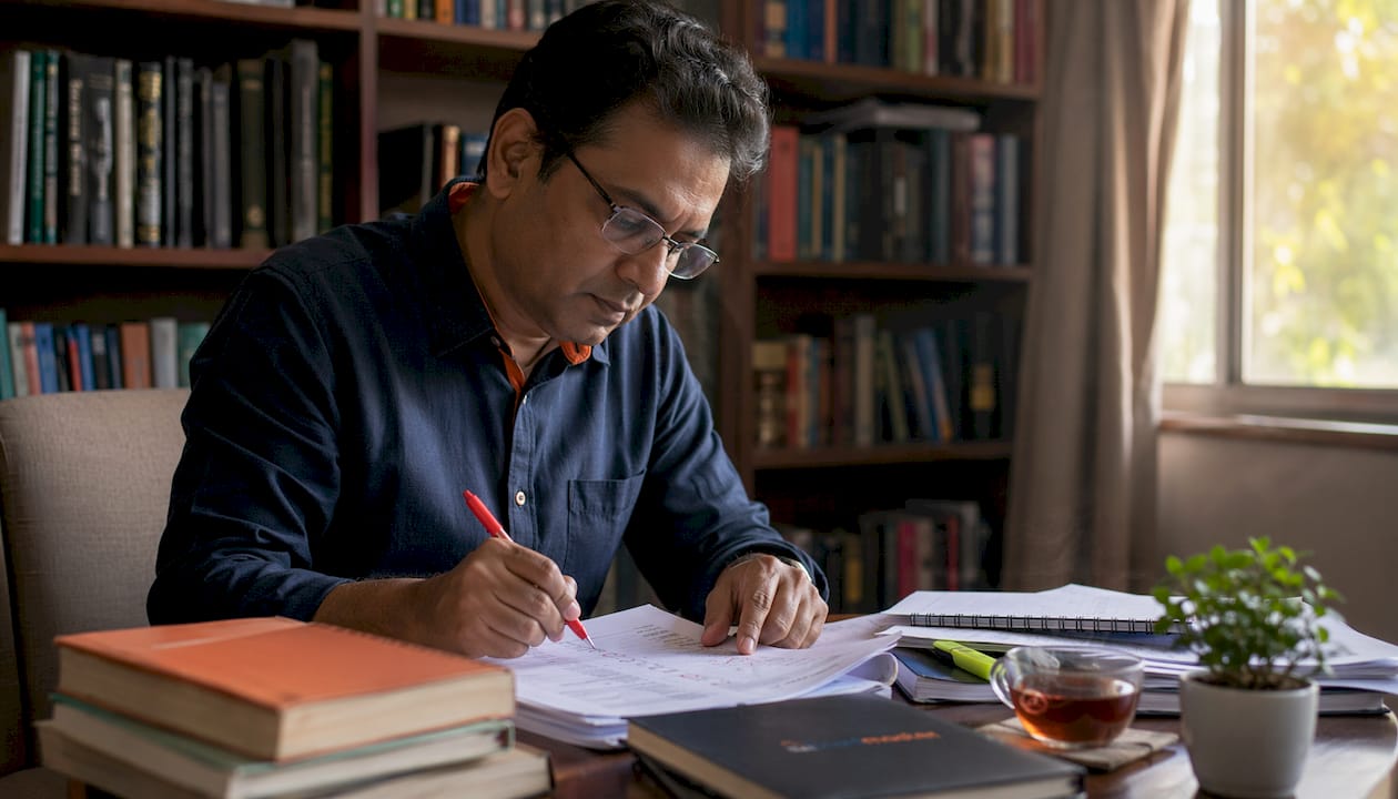 Medical educator reviewing exam question papers