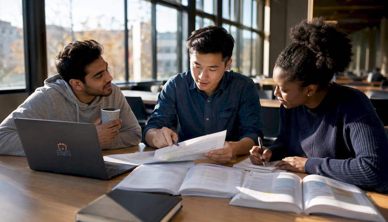 Medical students discussing question bank together