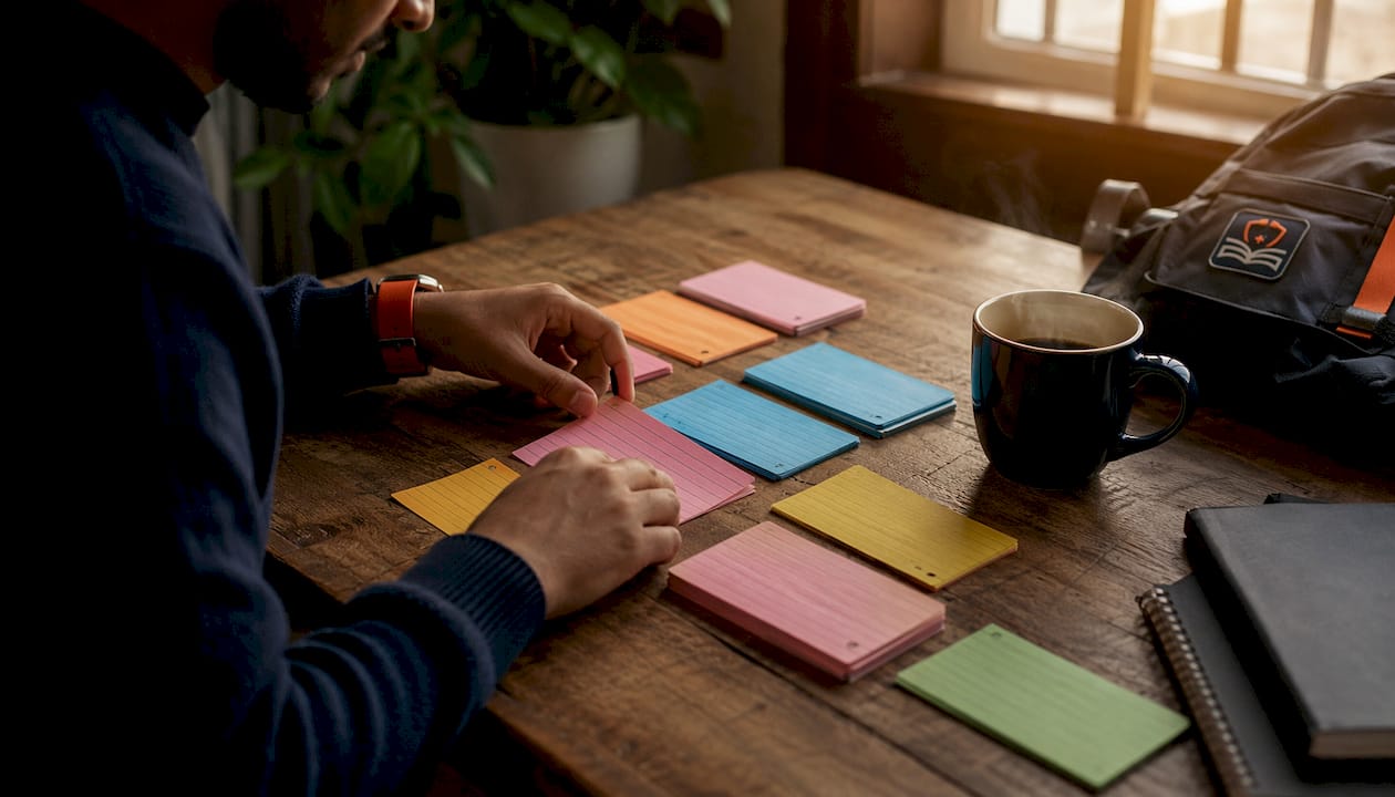 Hands sorting flashcards for retrieval practice